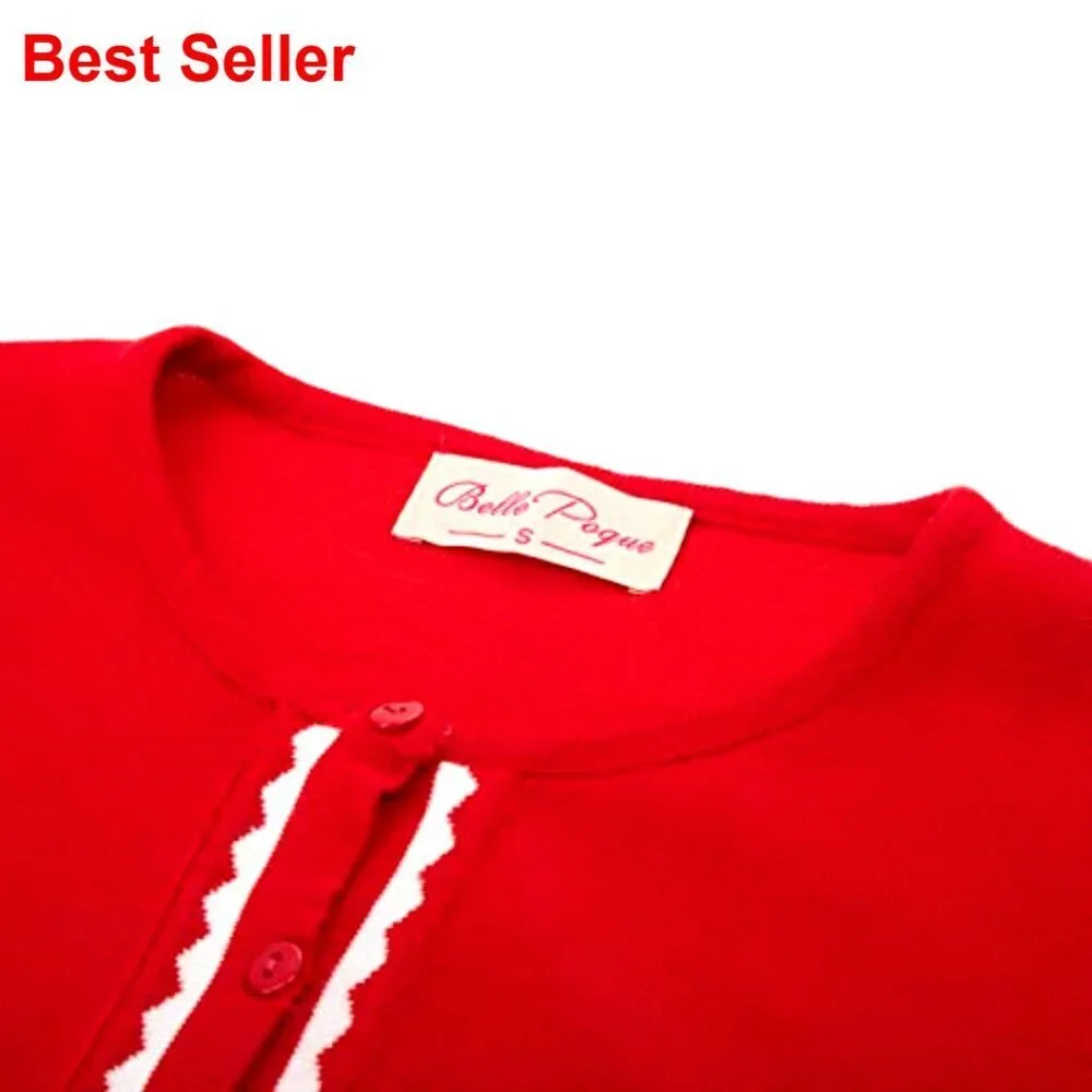 Cropped Cardigan Sweater Long Sleeve Crew Neck Knit Stretchy Button Up